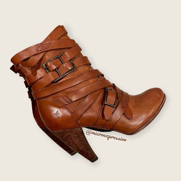 $369 Frye Mikaela Strappy Cognac Distressed Leather Zip Up Career Ankle Bootie - Picture 2 of 11